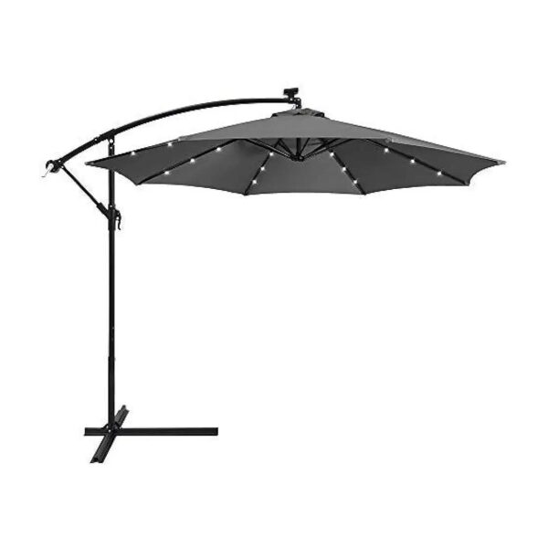 10 Foot Solar Powered Gray Outdoor Market Umbrella with Steel Frame and Crank Lift