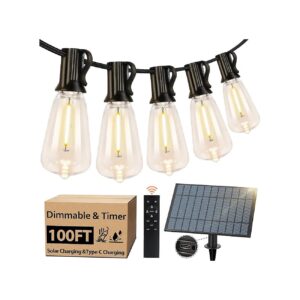 100FT Solar Powered LED String Lights with Dimmable ST38 Lights for Patio and Garden Use