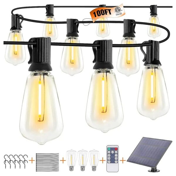 100FT Waterproof Solar String Lights with Vintage Edison Style Bulbs for Outdoor Lighting