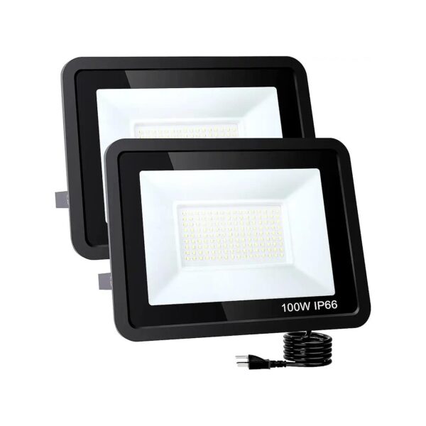 100W 10000LM LED Floodlights with Plug, IP66 Waterproof,