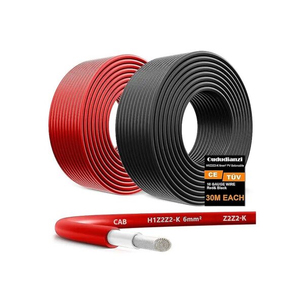 10AWG Solar Panel Extension Cable Kit with 100ft Black and 100ft Red Wires