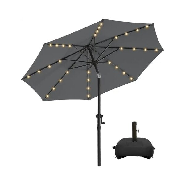 10FT Solar Led Patio Umbrella with Grey Canopy and Sturdy Base for Outdoor Living