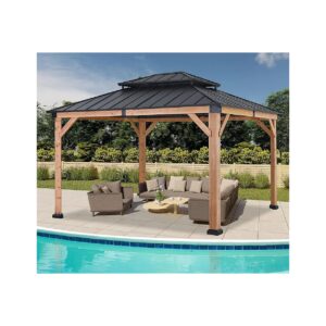 11x13 Cedar Wood Gazebo with Double Top Metal Roof for Outdoor Garden and Backyard Use