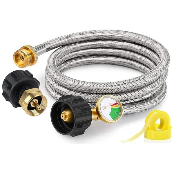 12 FT Stainless Steel Braided Propane Adapter Hose with Rotatable Gauge