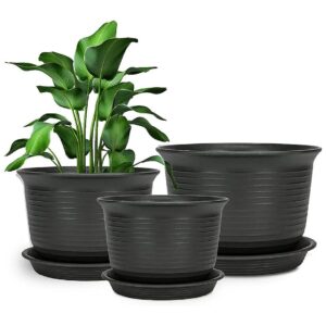 12 Inch 10 Inch 9 Inch Black Flower Pots with Hole and Tray for House Plants