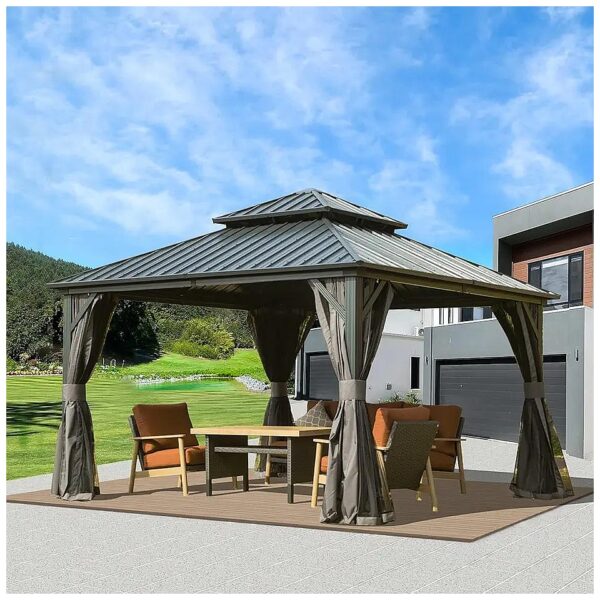 12x12 Hardtop Aluminum Gazebo with Galvanized Steel Frame and Netting for Patio and Lawn