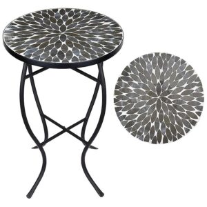 14 Round Mosaic Patio Side Table with Black Iron Base and Grey Mosaic Top