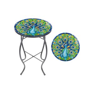 14-Inch Glass Patio Table with Peacock Design for Coffee Table or End Table