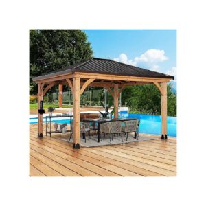 14x12 ft Hip Roof Cedar Gazebo with Wind-Resistant Steel Metal Roof and Insulated Roof