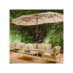 15 Foot Patio Umbrella with Solar Lights and Steel Cross Base