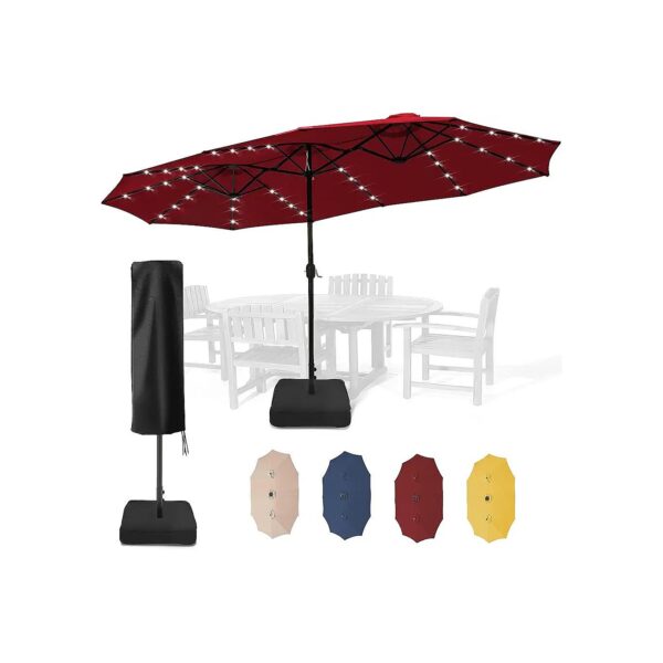 15-Foot Large Double-Sided Solar-Powered Patio Umbrella with Base and Cover Included