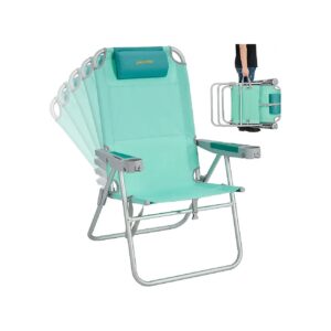 17-Inch High Back Beach Chair with Folding Straps, Bottle Opener, and Phone Holder