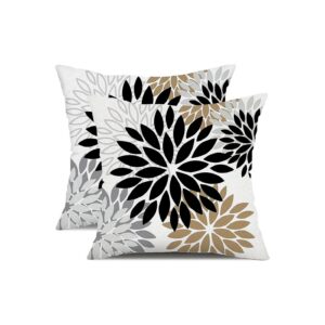 18x18 Inch Black Brown Gray Flower Patterned Polyester Pillow Covers Set of 2