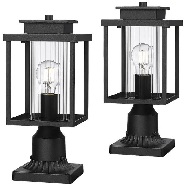 1-Light Black Post Lantern Fixtures with Glass Shade and Pier Mount Base 2-Pack