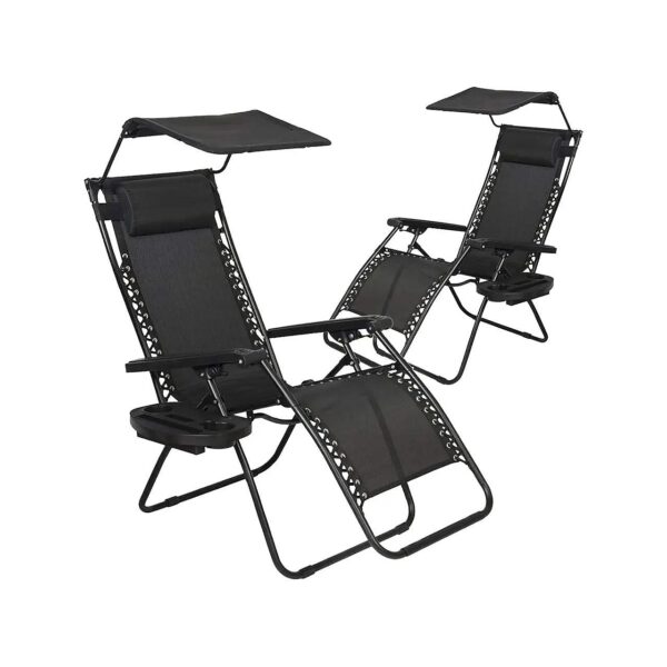 2 Pack Black Folding Zero Gravity Recliner Chairs with Canopy Shade and Cup Holders