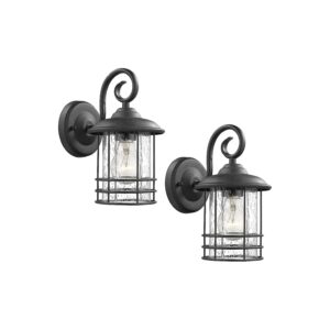 2 Pack Outdoor Wall Light Fixtures in Black Finish with Clear Seeded Glass Shade