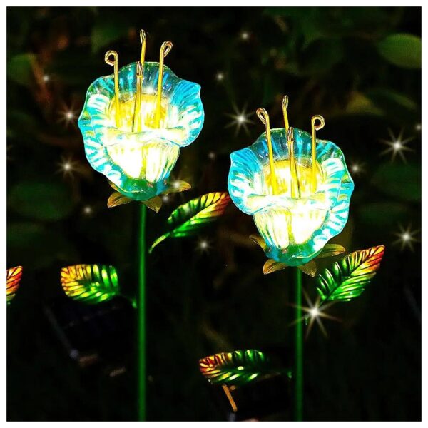 2 Pack Solar Powered Metal Stake Lights with Blue Glass Lily LED Decorative Garden Lights