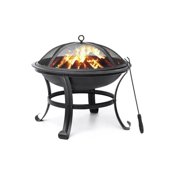 22 Inch Round Fire Pit with Spark Screen and Log Grate for Comfortable Outdoor Use