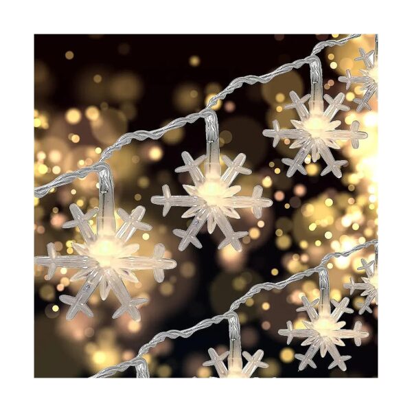 25 Foot Warm White LED Snowflake Christmas Lights 8 Modes for Indoor Outdoor Use