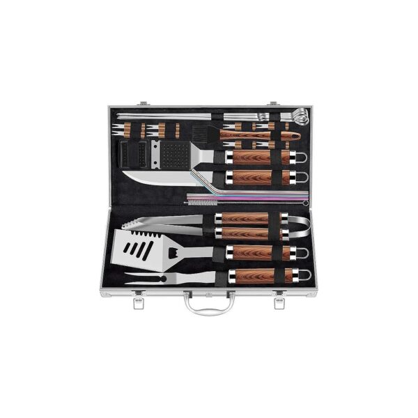 25-Piece BBQ Grill Tool Set with Stainless Steel Bars, Tongs, and Case