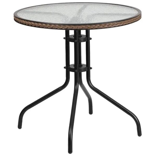 28" Round Metal Table with Clear Glass Top and Dark Brown Rattan Edging