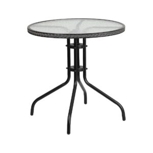 28in Round Glass Table with Gray Rattan Edging and Black Metal Legs