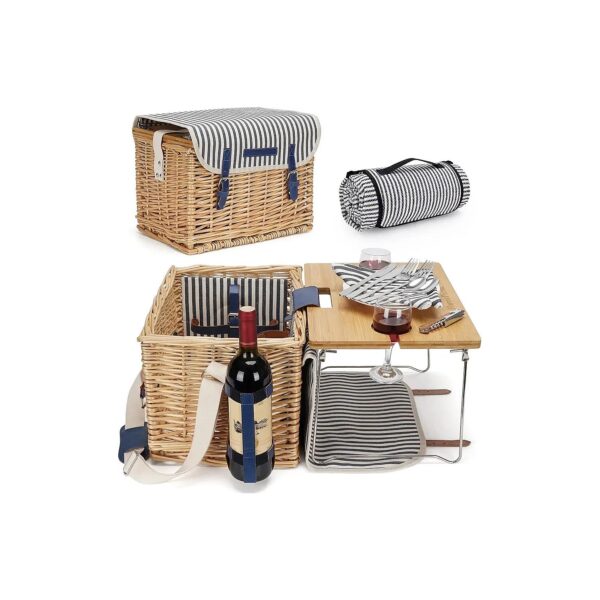 2-Person Wicker Picnic Basket with Extra Large Picnic Blanket and Bamboo Wine Table