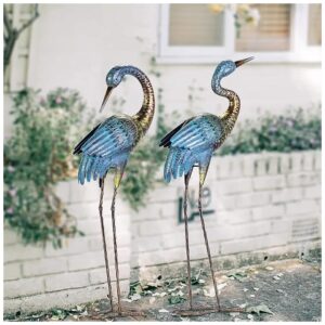 2-Piece Blue Heron Metal Bird Yard Art for Lawn Patio Backyard Decoration Garden