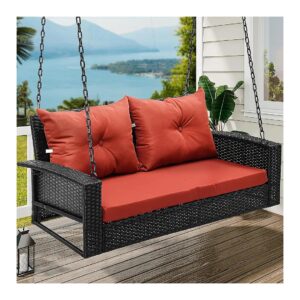 2-Seats Outdoor Hanging Porch Swing Chair with Black Rattan and Red Polyester Cushioning