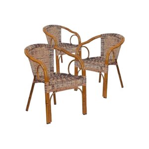 3 Pack Patio Chair Set with Curved Brown Rattan and Dark Red Aluminum Frame