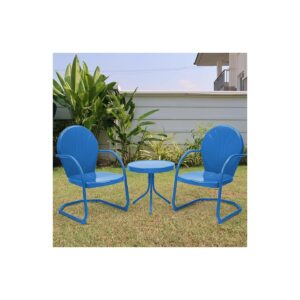 3 Piece Patio Bistro Set Retro Style Metal Frame Ocean Blue for Porch or Lawn