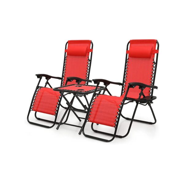 3 Red Red Folding Table and Recliner Patio Lounge Chairs Set