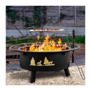 30 Inch Cast Iron Fire Pit for Backyard or Patio with Forest Pattern and Easy Assembly