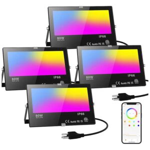 4 Pack Outdoor Floodlights RGB LED with APP Control and IP66 Waterproof