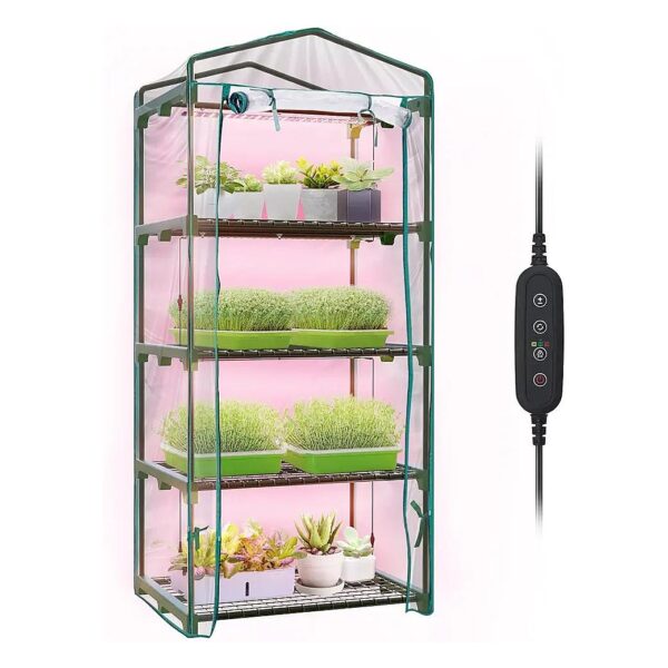 4 Tier Mini Greenhouse with Adjustable Shelves and LED Grow Light for Home Planting