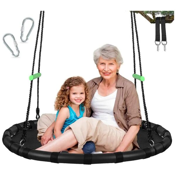 40-Inch Black Hanging Tree Swing with Adjustable Ropes and 2 Extra Straps