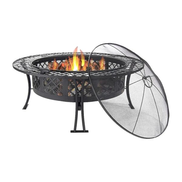 40-Inch Round Steel Fire Pit Table with Diamond Weave Design and Portable Construction