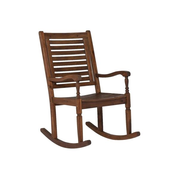 42 Inch Dark Brown Acacia Wood Patio Rocking Chair with Slat Back and Classic Design