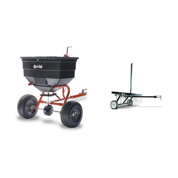 45-185 lb ATV Tow Broadcast Spreader with 45-48 Inch Medium Black Dethatcher