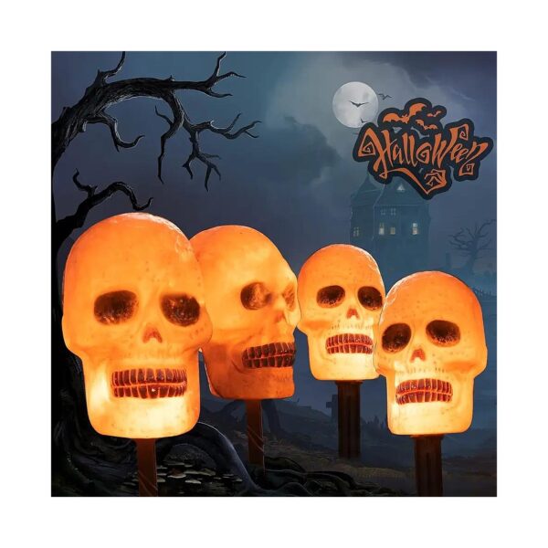 4PK Halloween Yard Stakes with Individual Skeleton Skull Light Bulbs