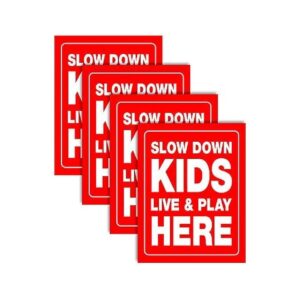 4-Piece Set of Red on White Slow Down Signs for Kids Play Area Yards and Driveways