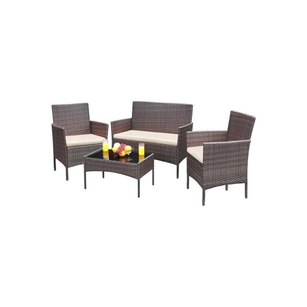 4-Piece Wicker Rattan Conversation Set with Loveseat, Chairs, and Glass Table