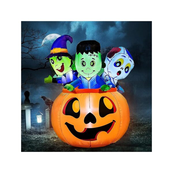 5 FT Tall Halloween Inflatable Three Characters on Pumpkin with Bright White Lights