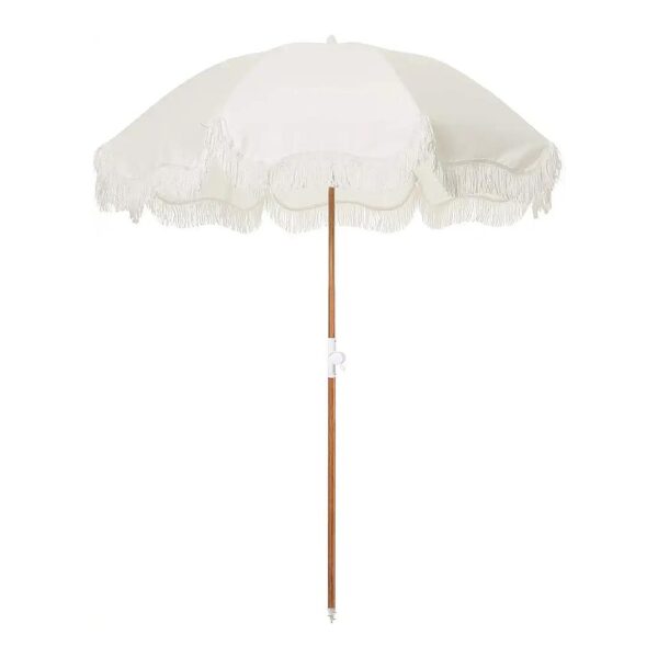 5 Ft Beach Umbrella with White Fringe and 1'' Tilting Wood Pole in Antique White