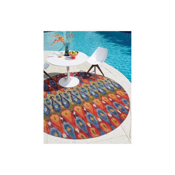 5'1" Round Multi-Burgundy Outdoor Indoor Area Rug with Ikat Design