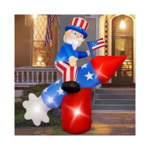 6 FT White Uncle Sam Inflatable Rocket with LED Lights for Patriotic Holiday Decorations