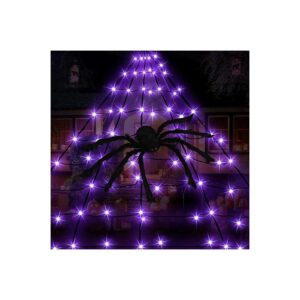 6 Ft Triangular Spider Web with Purple Lights for Outdoor Halloween Decorations