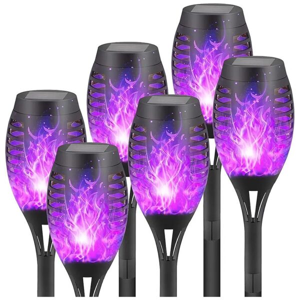 6 Pack Purple Solar Torch Lights with Flickering Flame Effect for Patio and Garden Decor