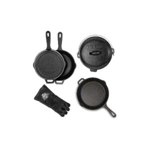 6 Piece Cast Iron Cooking Set Including Pre-Seasoned Skillets, Deep Skillet, and Glove