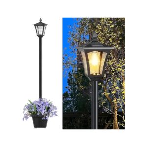 65 Inch Solar Lamp Post with Planter and Glass Shade Warm White Lighting